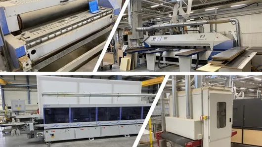 Bild von Auktion Holzbearbeitungsmaschinen - Kantenanleimmaschine - Breitbandschleifmaschine - Plattenaufteilsäge - Leimauftragsmaschine
