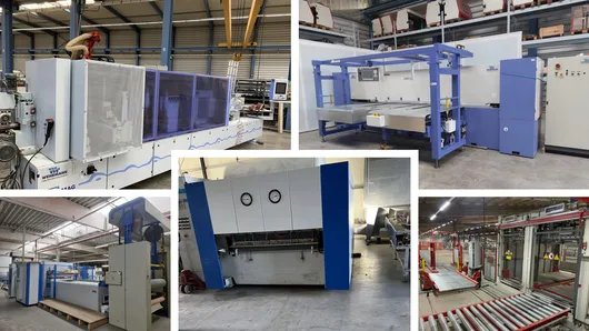 Bild von Auktion Holzbearbeitungsmaschinen - Kantenanleimmaschine - Abstapelungsanlage - Vakuumpresse - Furnierschere - Membranpresse