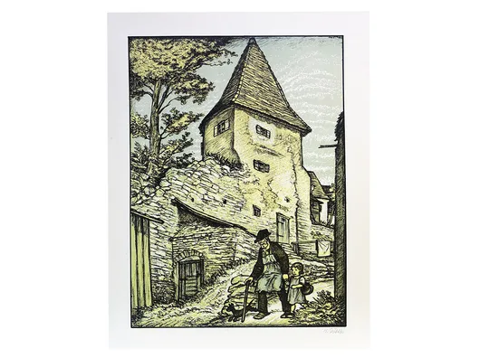 Heinrich Göttler - Grandfather with grandchild in front of a tower